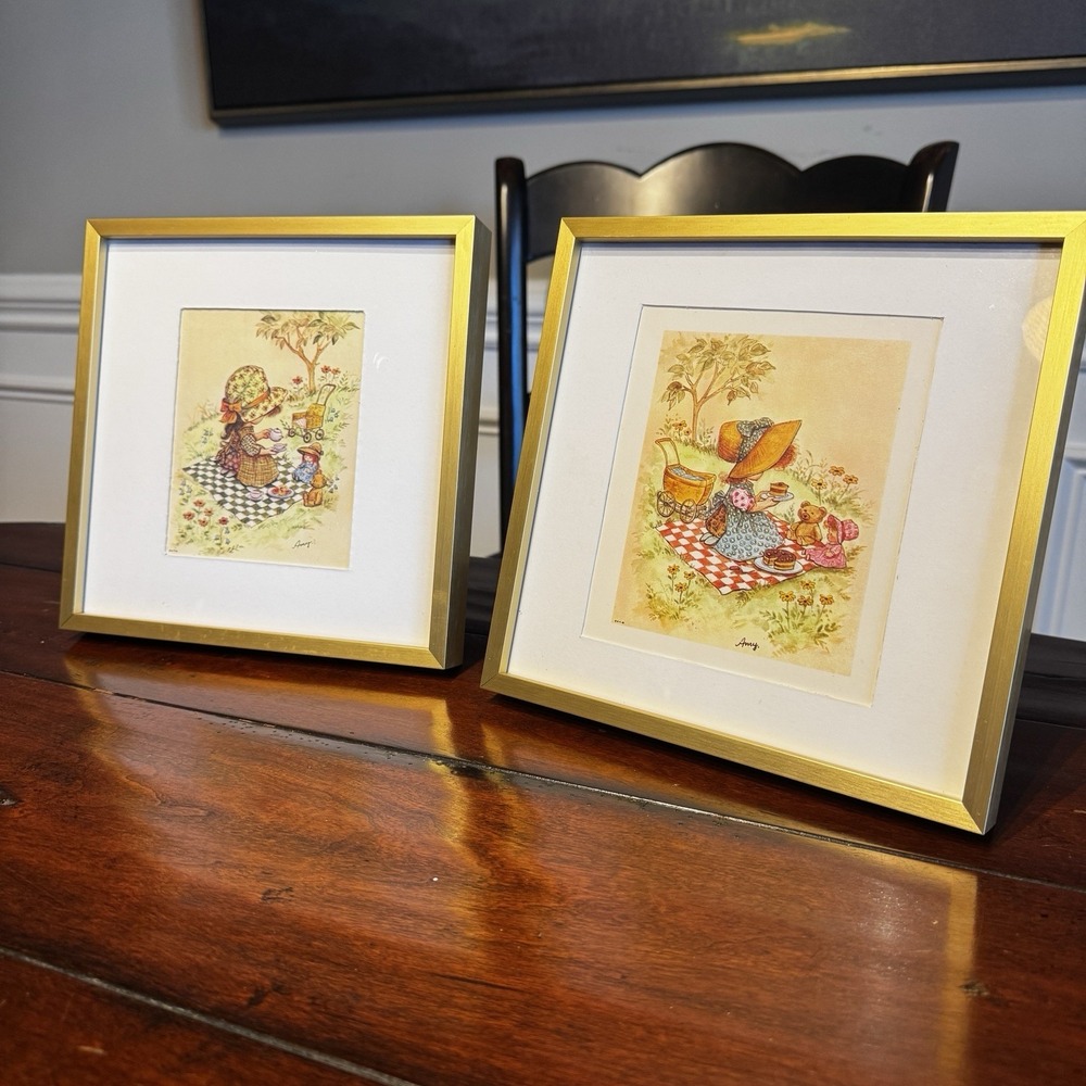 1970's Calico Kids Wall Prints Pair Holly Hobbie Cottagecore Tea Party Nursery‎